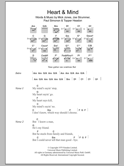 The Clash Heart & Mind sheet music notes and chords arranged for Guitar Chords/Lyrics