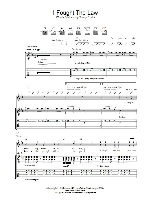 The Clash I Fought The Law sheet music notes and chords arranged for Guitar Tab