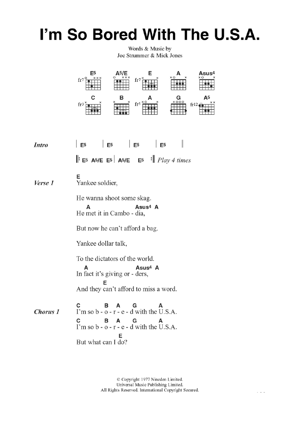 The Clash I'm So Bored With The U.S.A. sheet music notes and chords arranged for Guitar Chords/Lyrics