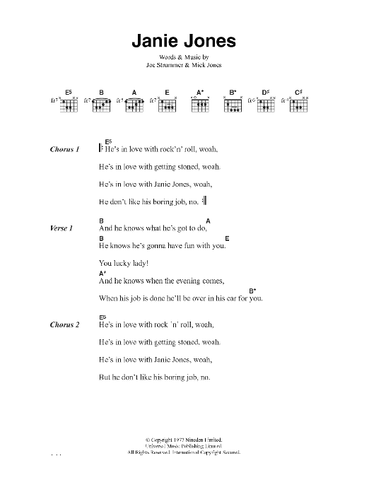 The Clash Janie Jones sheet music notes and chords arranged for Guitar Chords/Lyrics