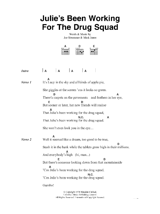 The Clash Julie's Been Working For The Drug Squad sheet music notes and chords arranged for Guitar Chords/Lyrics