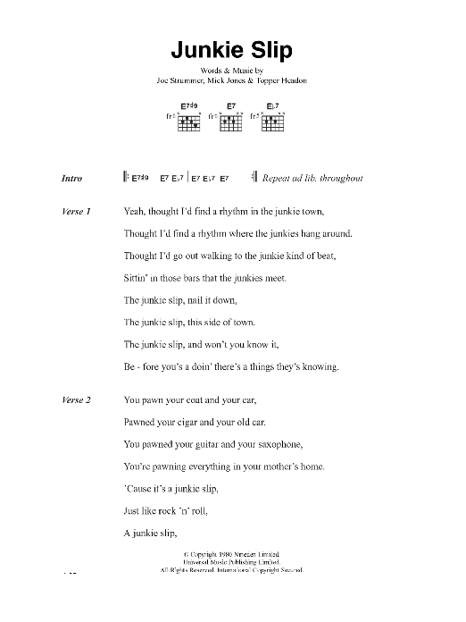 The Clash Junkie Slip sheet music notes and chords arranged for Guitar Chords/Lyrics