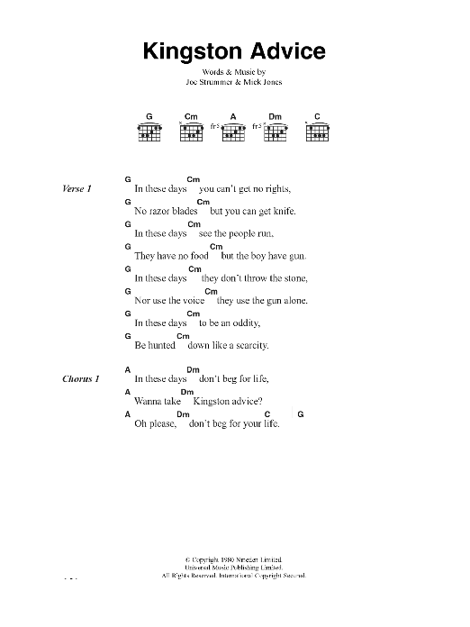 The Clash Kingston Advice sheet music notes and chords arranged for Guitar Chords/Lyrics