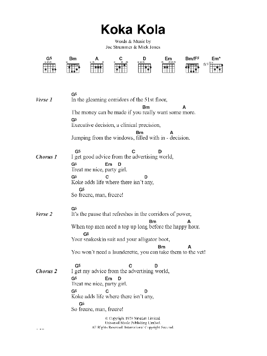 The Clash Koka Kola sheet music notes and chords arranged for Guitar Chords/Lyrics