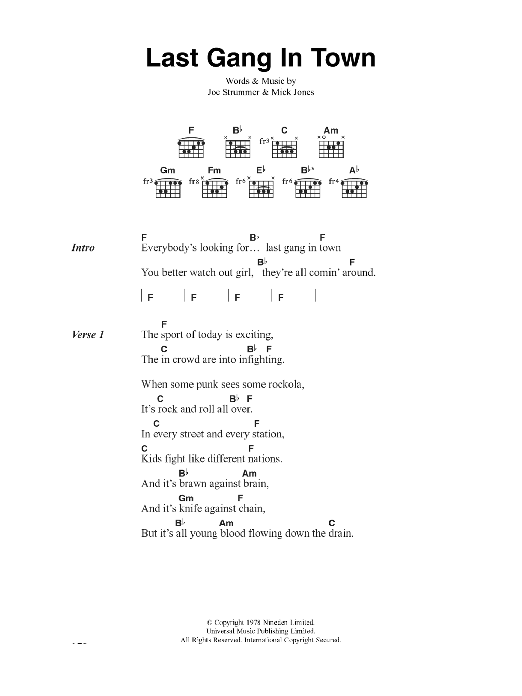 The Clash Last Gang In Town sheet music notes and chords arranged for Guitar Chords/Lyrics