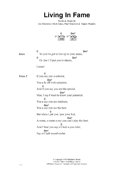 The Clash Living In Fame sheet music notes and chords arranged for Guitar Chords/Lyrics