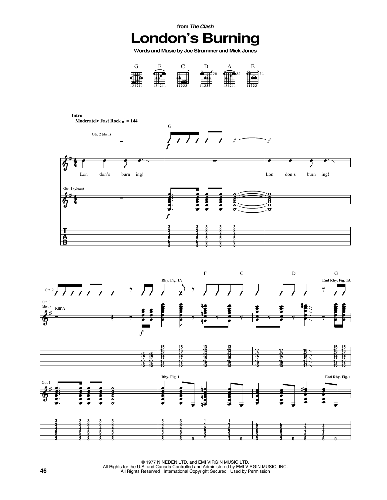 The Clash London's Burning sheet music notes and chords arranged for Guitar Tab
