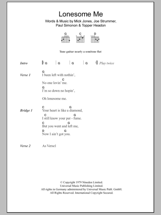 The Clash Lonesome Me sheet music notes and chords arranged for Guitar Chords/Lyrics