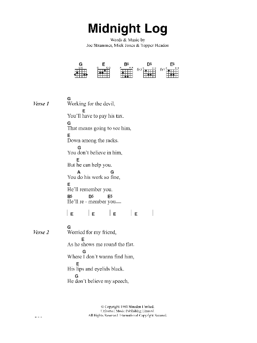 The Clash Midnight Log sheet music notes and chords arranged for Guitar Chords/Lyrics