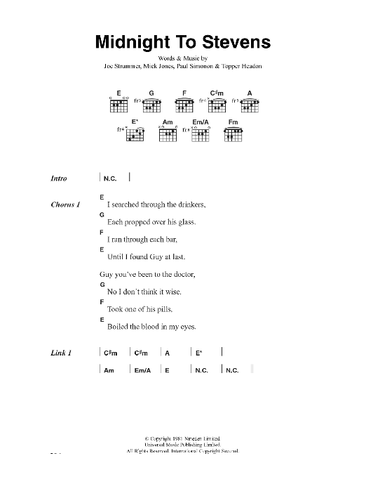 The Clash Midnight To Stevens sheet music notes and chords arranged for Guitar Chords/Lyrics