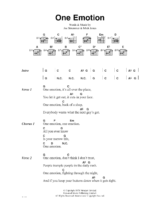 The Clash One Emotion sheet music notes and chords arranged for Guitar Chords/Lyrics
