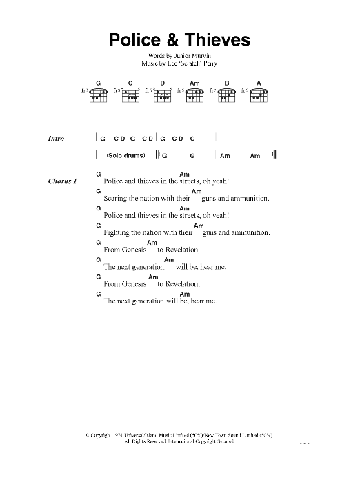 The Clash Police And Thieves sheet music notes and chords arranged for Guitar Chords/Lyrics