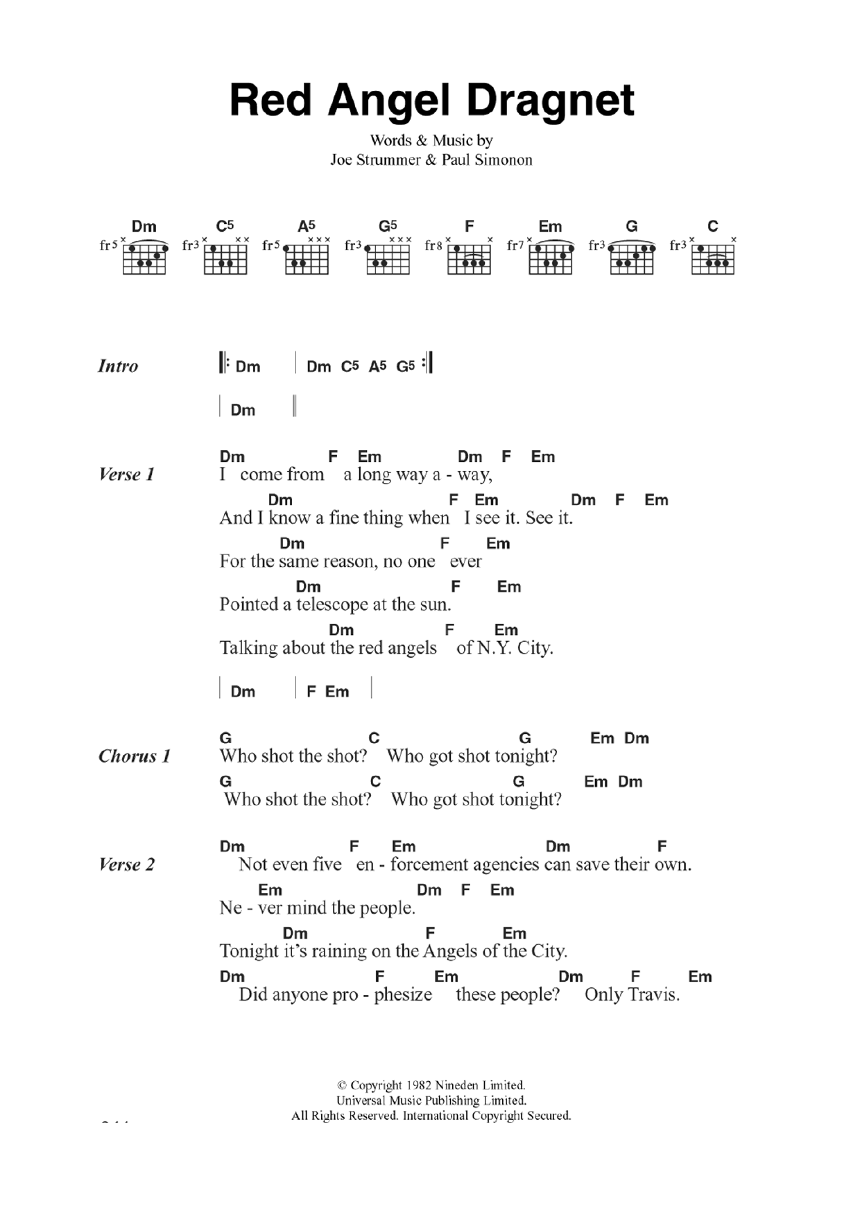 The Clash Red Angel Dragnet sheet music notes and chords arranged for Guitar Chords/Lyrics