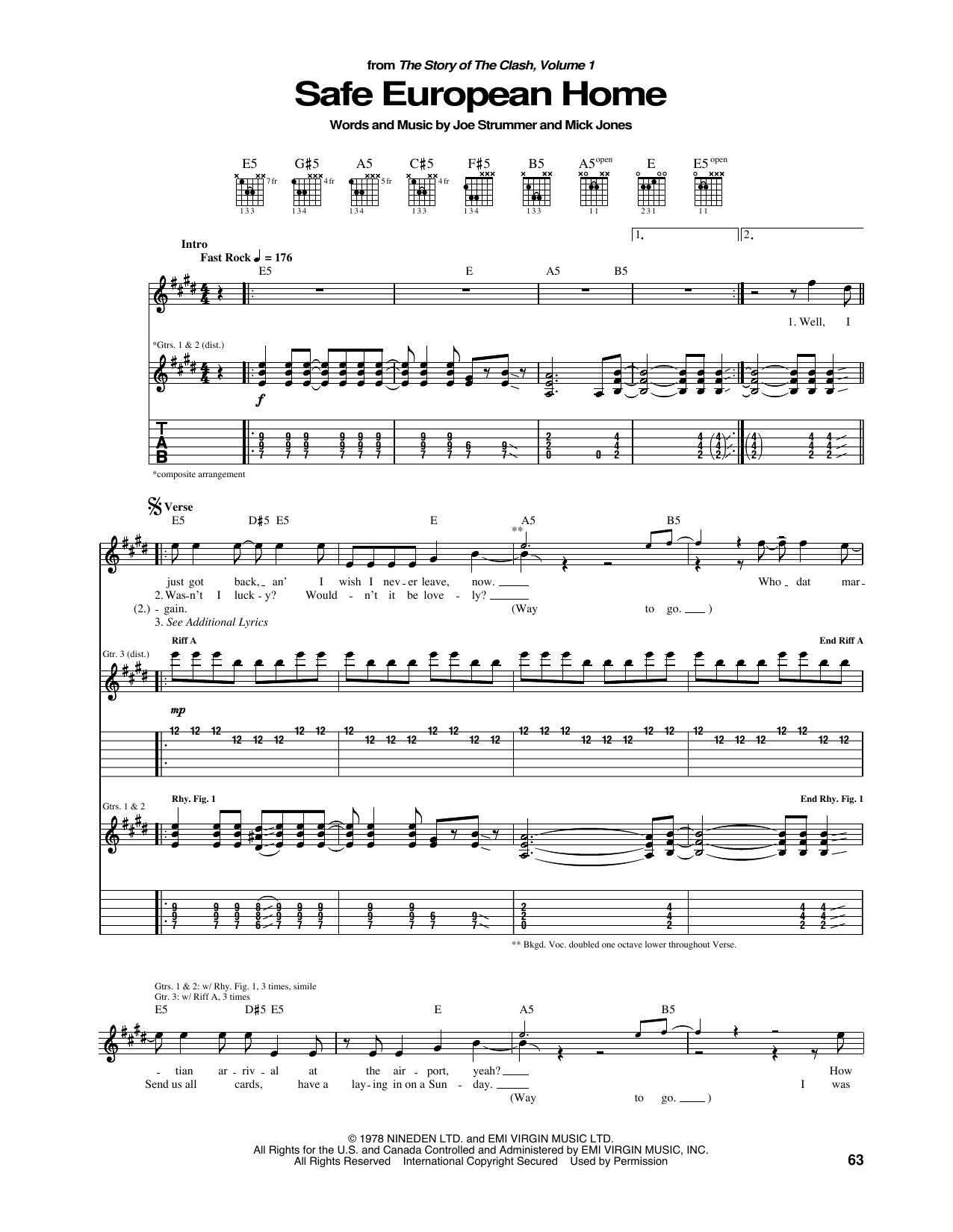 The Clash Safe European Home sheet music notes and chords arranged for Guitar Chords/Lyrics