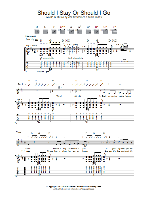 The Clash Should I Stay Or Should I Go sheet music notes and chords arranged for Guitar Chords/Lyrics