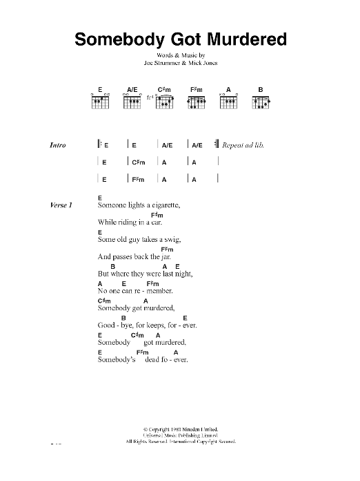 The Clash Somebody Got Murdered sheet music notes and chords arranged for Guitar Chords/Lyrics