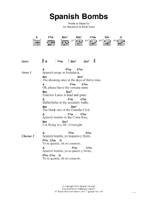 The Clash Spanish Bombs sheet music notes and chords arranged for Guitar Chords/Lyrics