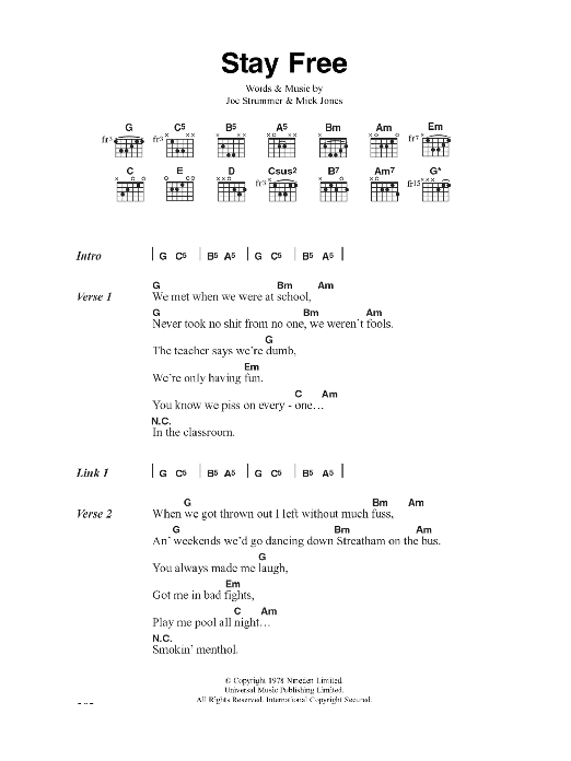 The Clash Stay Free sheet music notes and chords arranged for Guitar Chords/Lyrics