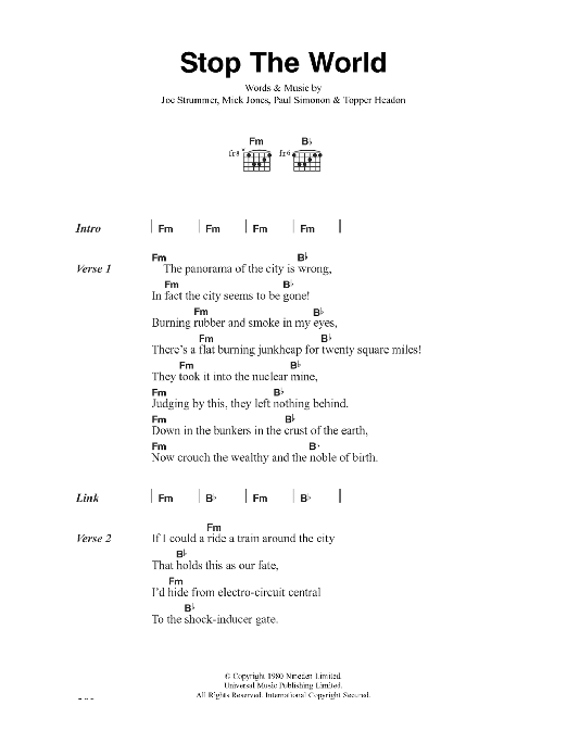 The Clash Stop The World sheet music notes and chords arranged for Guitar Chords/Lyrics