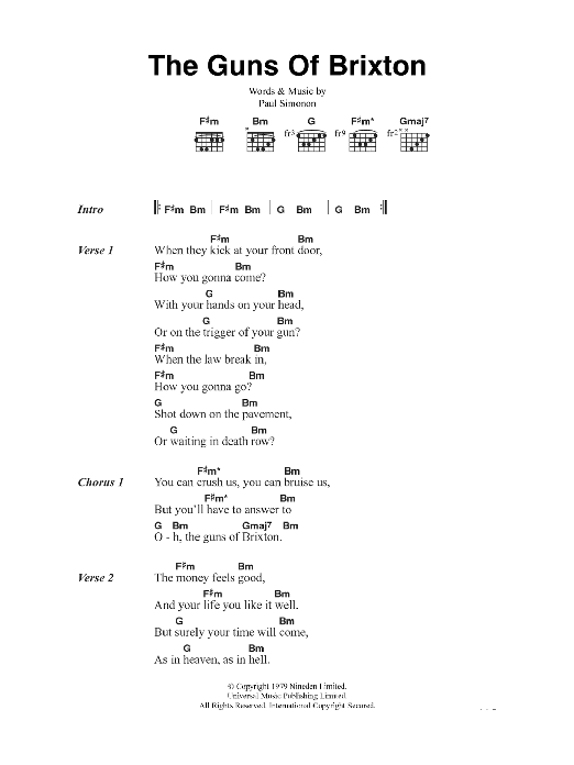 The Clash The Guns Of Brixton sheet music notes and chords arranged for Guitar Chords/Lyrics