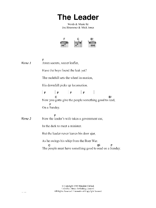 The Clash The Leader sheet music notes and chords arranged for Guitar Chords/Lyrics