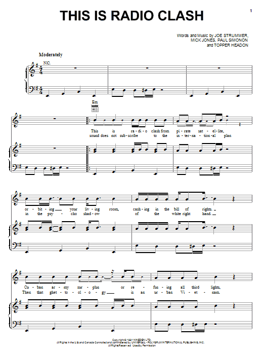 The Clash This Is Radio Clash sheet music notes and chords arranged for Piano, Vocal & Guitar Chords (Right-Hand Melody)