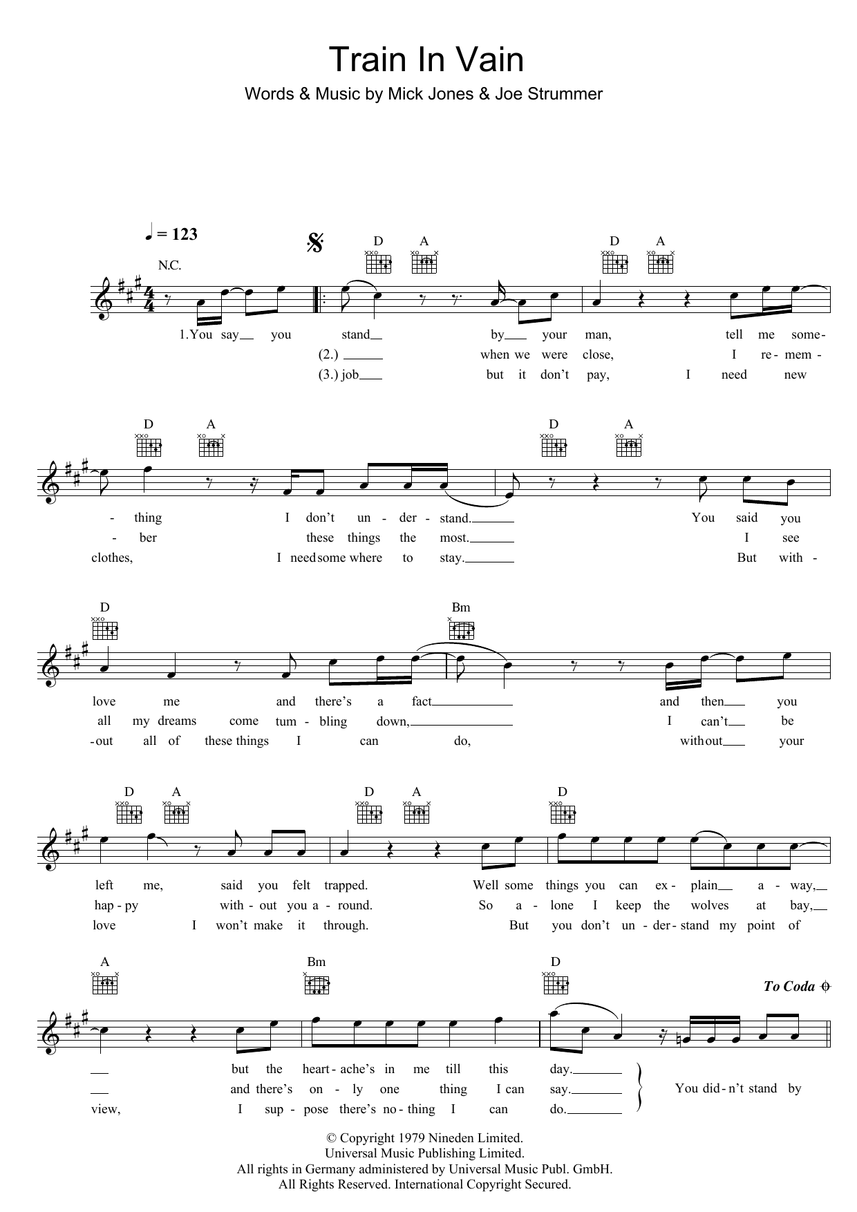 The Clash Train In Vain sheet music notes and chords arranged for Piano, Vocal & Guitar Chords (Right-Hand Melody)