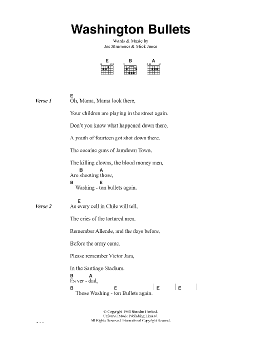 The Clash Washington Bullets sheet music notes and chords arranged for Guitar Chords/Lyrics