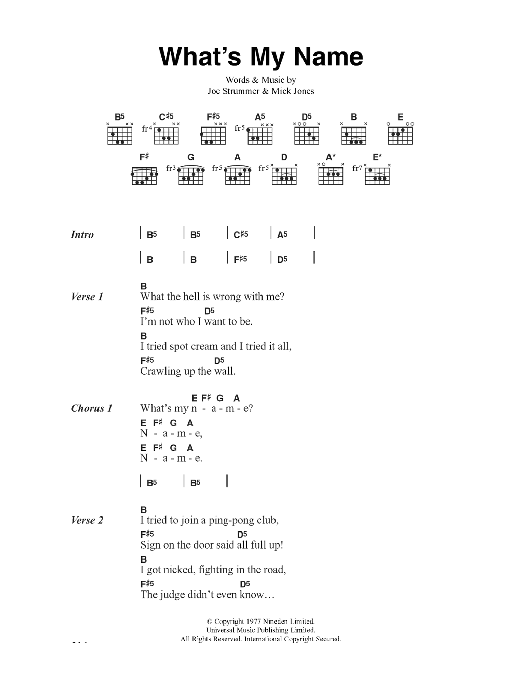 The Clash What's My Name sheet music notes and chords arranged for Guitar Chords/Lyrics