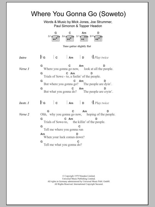 The Clash Where You Gonna Go (Soweto) sheet music notes and chords arranged for Guitar Chords/Lyrics