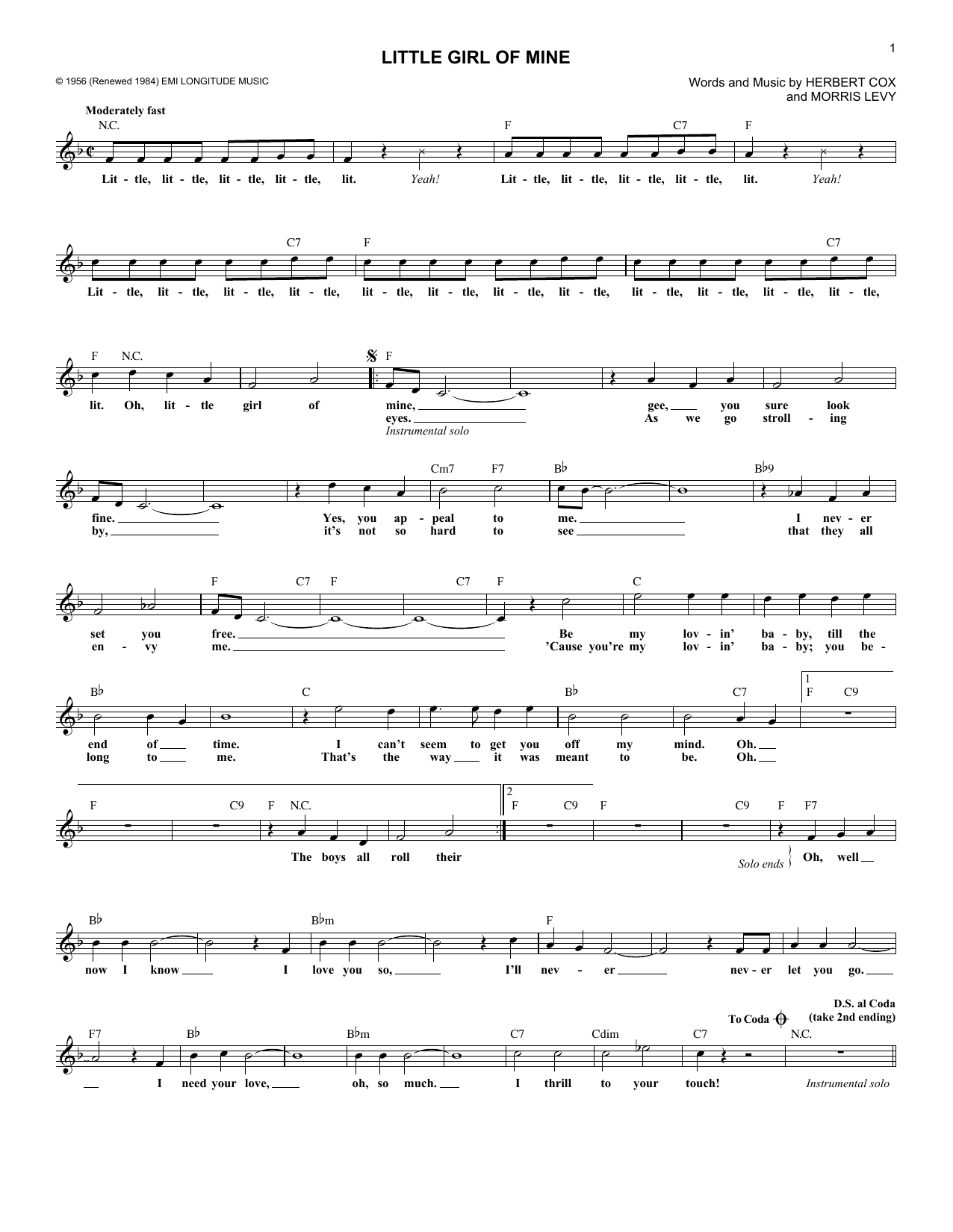 The Cleftones Little Girl Of Mine sheet music notes and chords arranged for Lead Sheet / Fake Book