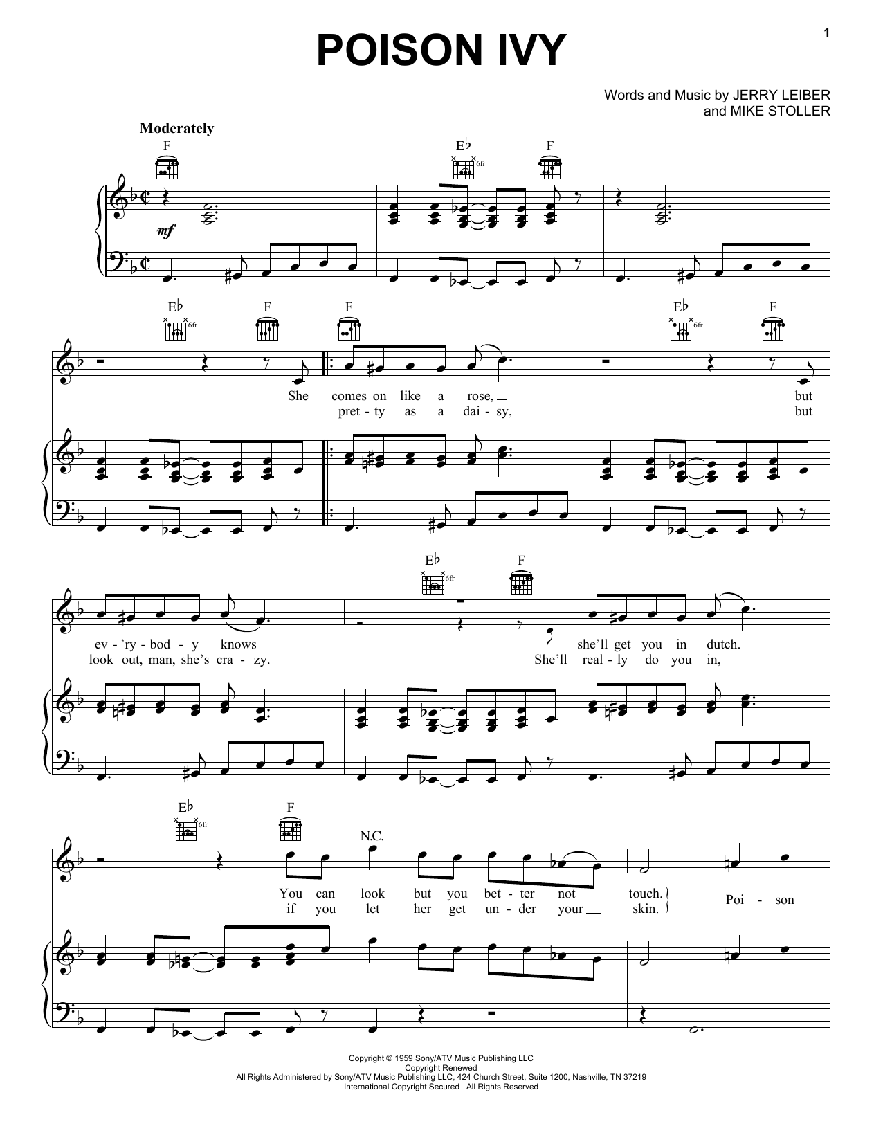 The Coasters Poison Ivy sheet music notes and chords arranged for Piano, Vocal & Guitar Chords (Right-Hand Melody)