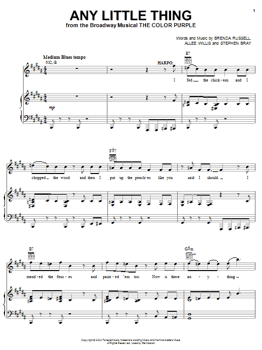 The Color Purple (Musical) Any Little Thing sheet music notes and chords arranged for Piano, Vocal & Guitar Chords (Right-Hand Melody)