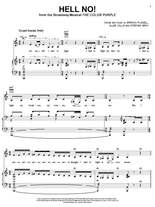 The Color Purple (Musical) Hell No! sheet music notes and chords arranged for Easy Piano