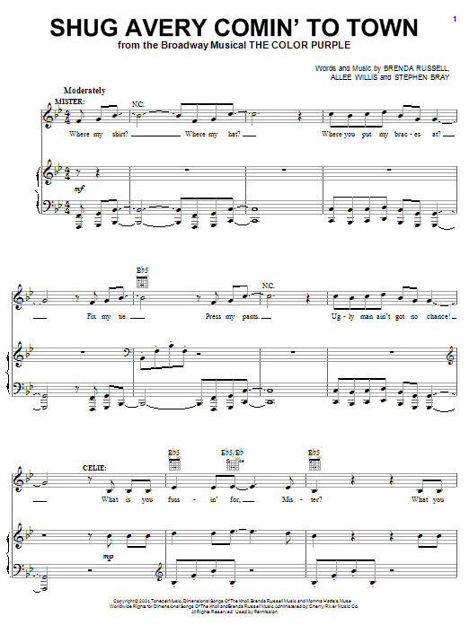 The Color Purple (Musical) Shug Avery Comin' To Town sheet music notes and chords arranged for Easy Piano