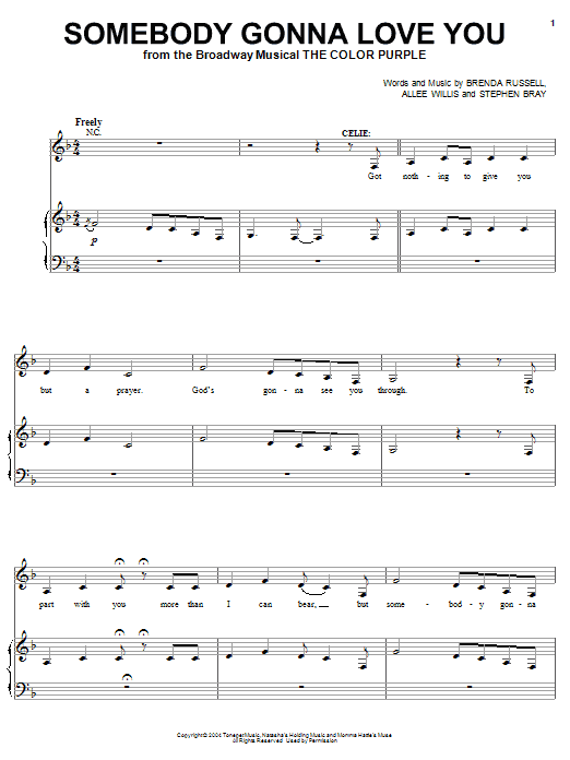 The Color Purple (Musical) Somebody Gonna Love You sheet music notes and chords arranged for Piano, Vocal & Guitar Chords (Right-Hand Melody)
