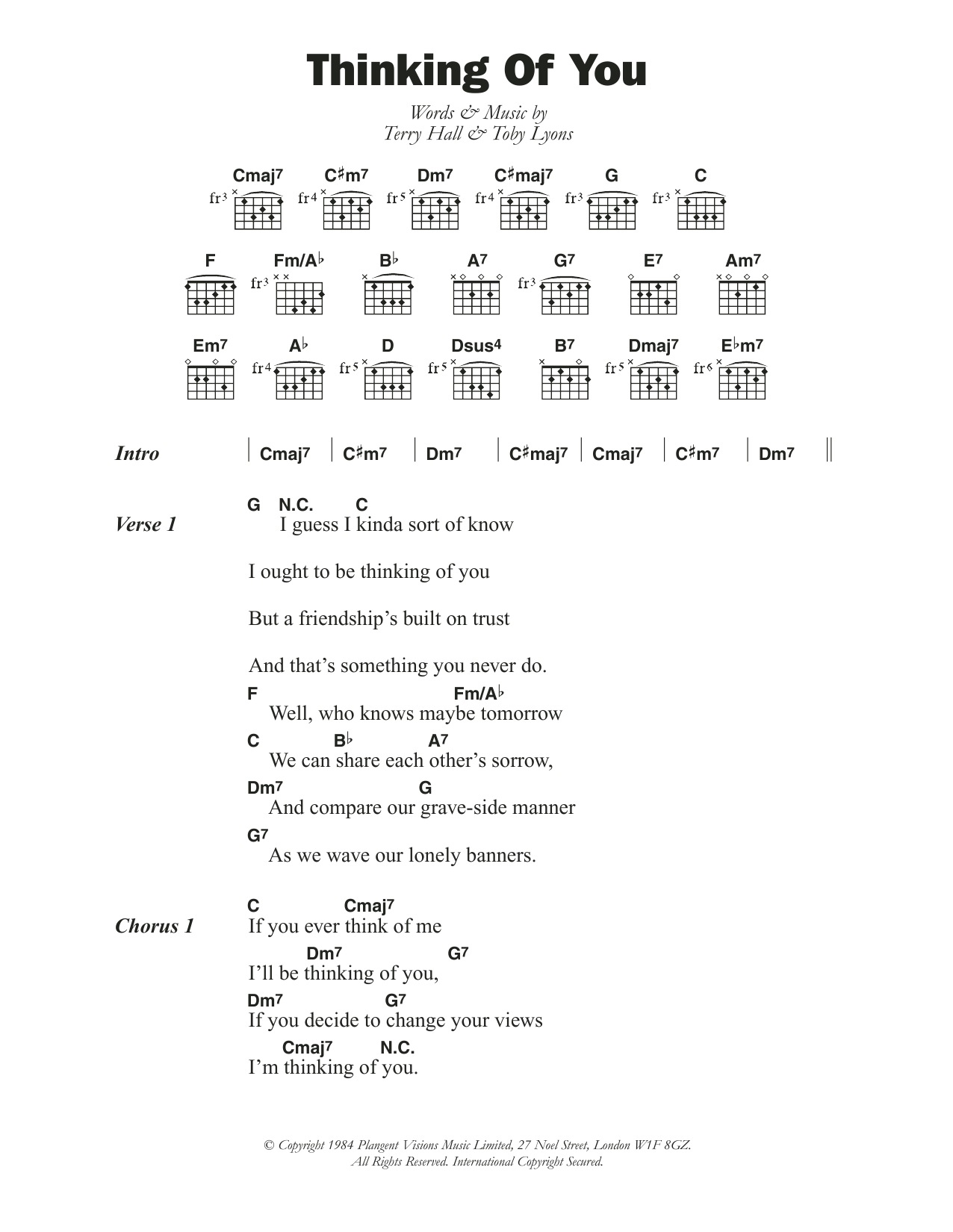 The Colourfield Thinking Of You sheet music notes and chords arranged for Guitar Chords/Lyrics
