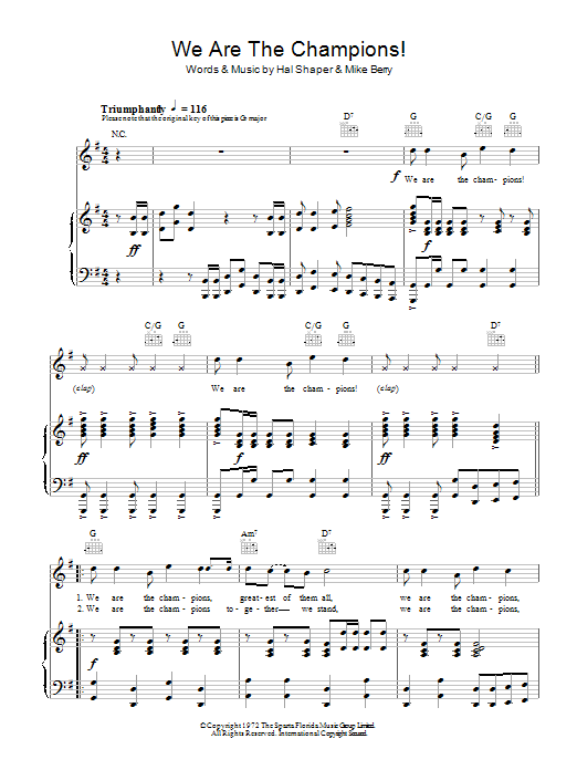 The Combined Supporters Club We Are The Champions sheet music notes and chords arranged for Piano, Vocal & Guitar Chords