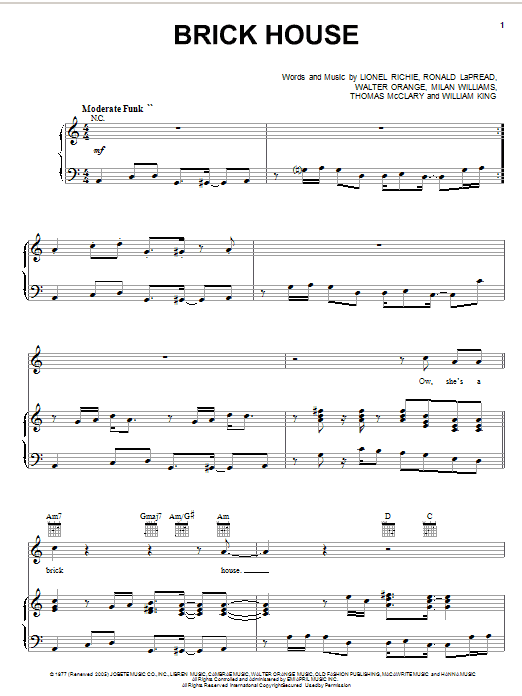 The Commodores Brick House sheet music notes and chords arranged for Piano, Vocal & Guitar Chords (Right-Hand Melody)
