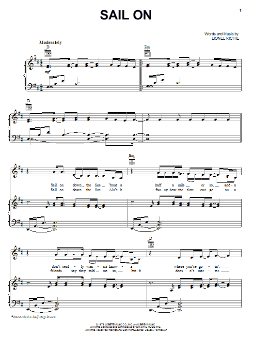The Commodores Sail On sheet music notes and chords arranged for Piano, Vocal & Guitar Chords (Right-Hand Melody)