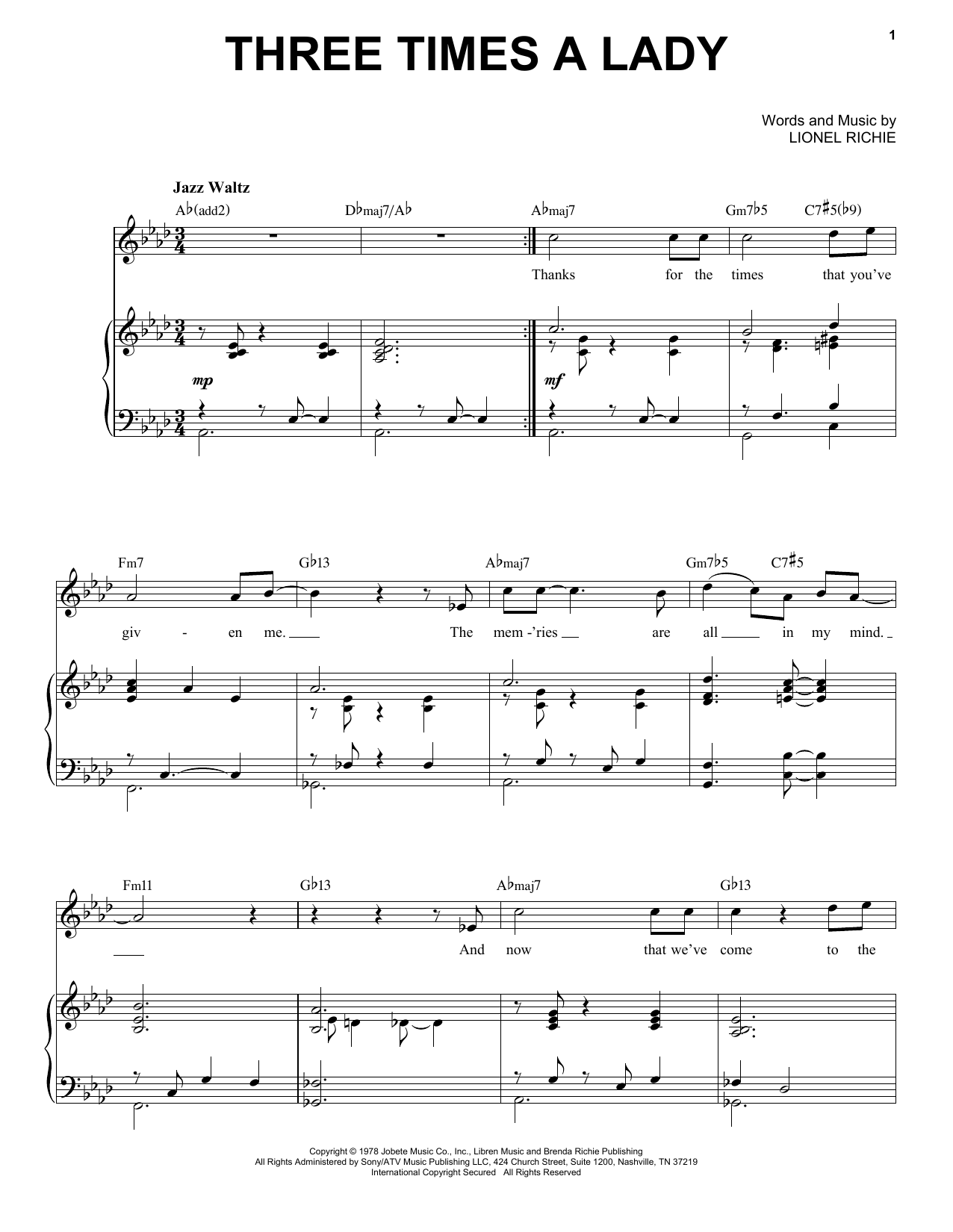 The Commodores Three Times A Lady [Jazz version] (arr. Brent Edstrom) sheet music notes and chords arranged for Piano & Vocal