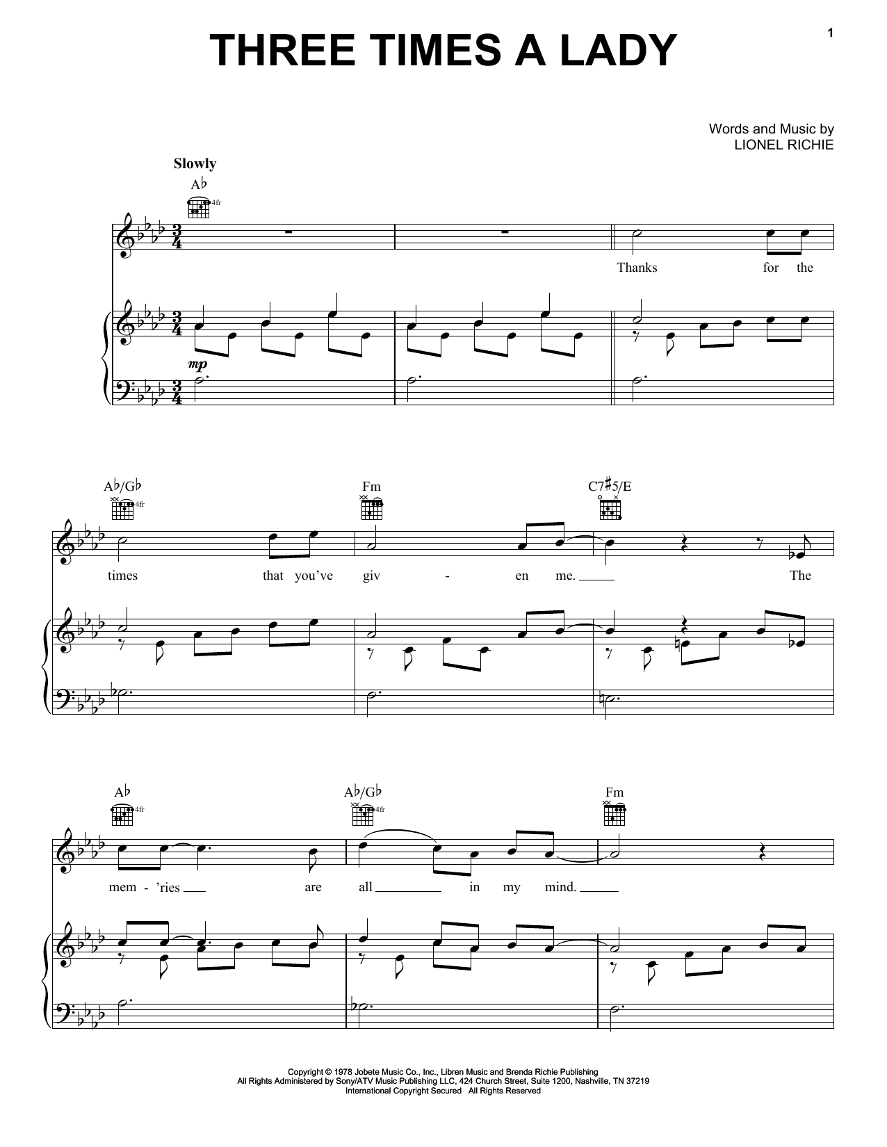 The Commodores Three Times A Lady sheet music notes and chords arranged for Very Easy Piano