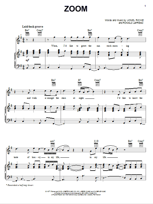 The Commodores Zoom sheet music notes and chords arranged for Piano, Vocal & Guitar Chords (Right-Hand Melody)