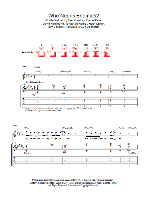 The Cooper Temple Clause Who Needs Enemies? sheet music notes and chords arranged for Guitar Tab
