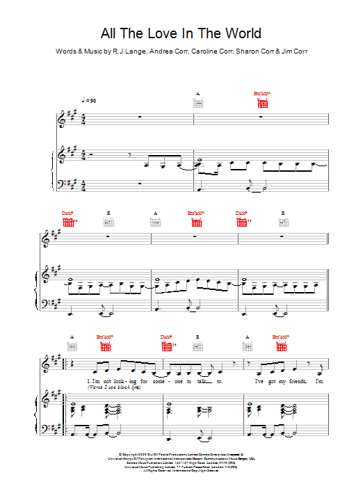 The Corrs All The Love In The World sheet music notes and chords arranged for Piano, Vocal & Guitar Chords