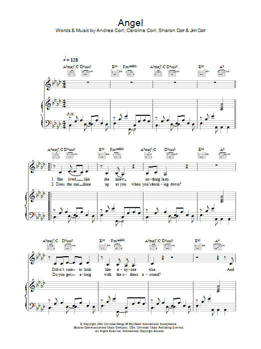 The Corrs Angel sheet music notes and chords arranged for Piano, Vocal & Guitar Chords