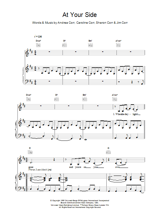 The Corrs At Your Side sheet music notes and chords arranged for Piano, Vocal & Guitar Chords