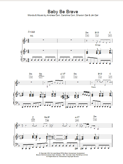 The Corrs Baby Be Brave sheet music notes and chords arranged for Piano, Vocal & Guitar Chords