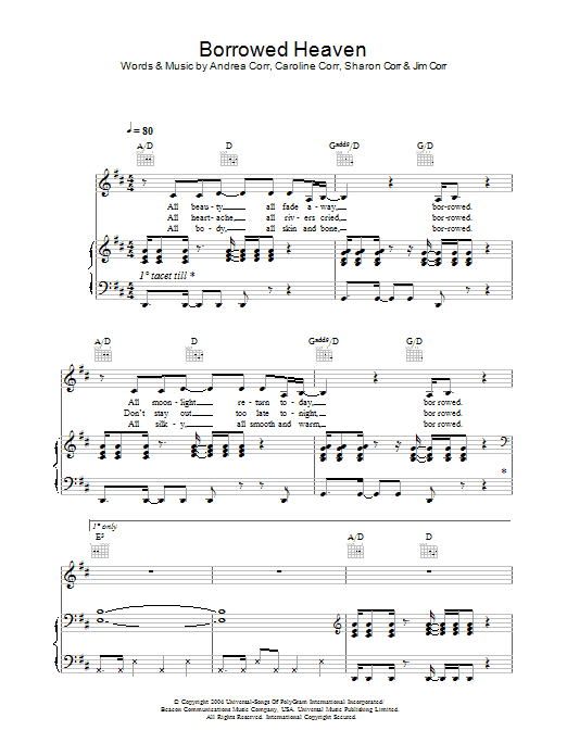 The Corrs Borrowed Heaven sheet music notes and chords arranged for Piano, Vocal & Guitar Chords