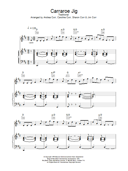 The Corrs Carraroe Jig sheet music notes and chords arranged for Piano, Vocal & Guitar Chords